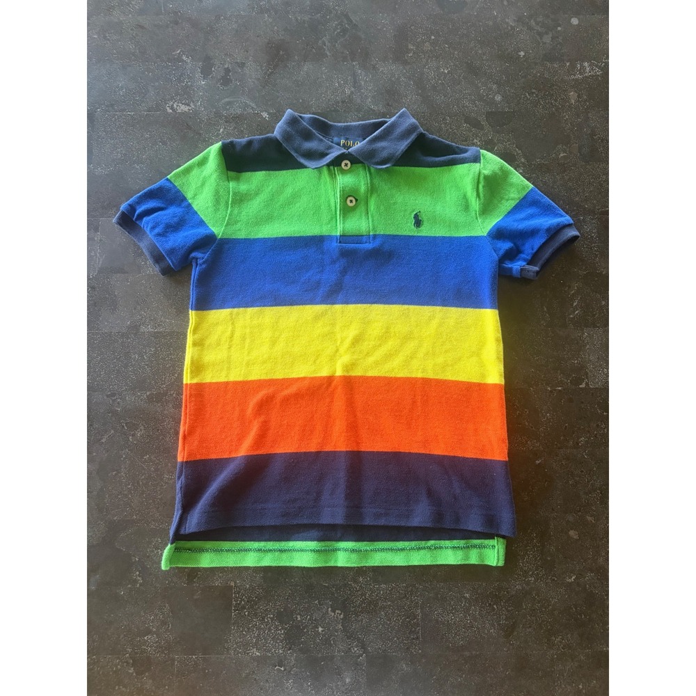 Polo Ralph Lauren Boys Rainbow Stripe Cotton Pique‎ Polo Shirt Pony Logo Sz L